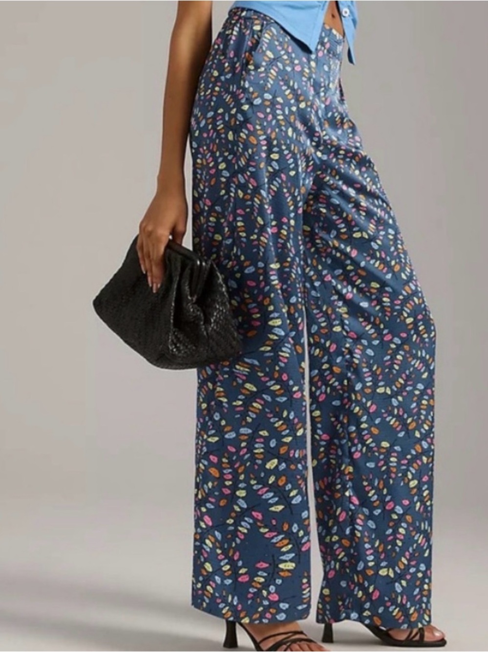 STELLA NOVA Wide-Leg Navy Printed Leaf-Scatter Pants